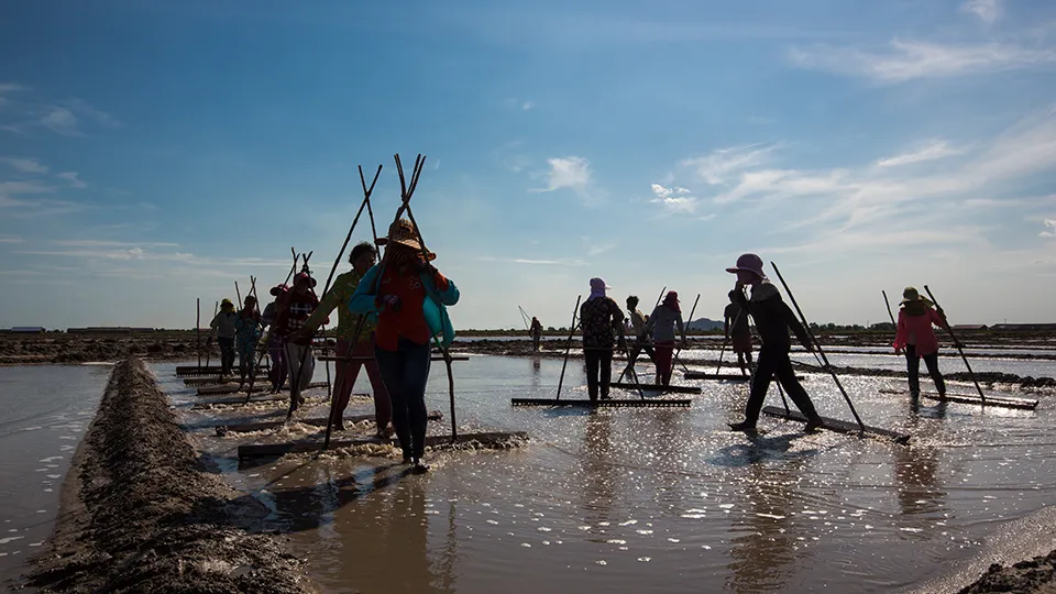 People with rakes working the salt pan